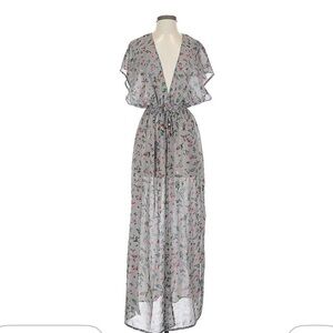 Sheer Floral Maxi Duster/Dress in Light Gray with Pink & Green Accents